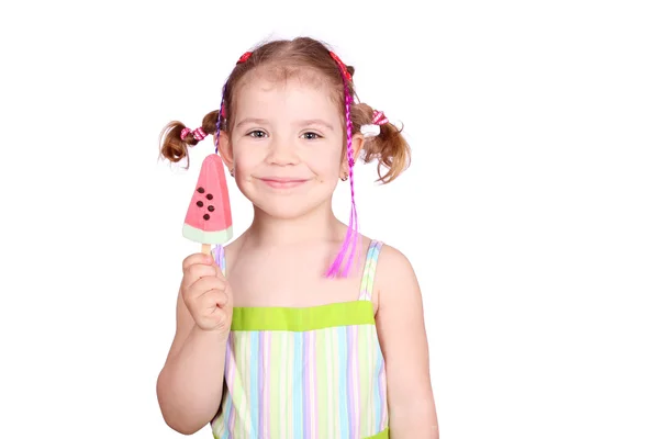 Küçük kızla mutlu: karpuz dondurma — Stok fotoğraf