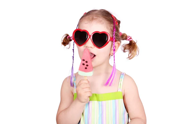 Little girl with watermelon ice cream and sunglasses — Stock Photo, Image