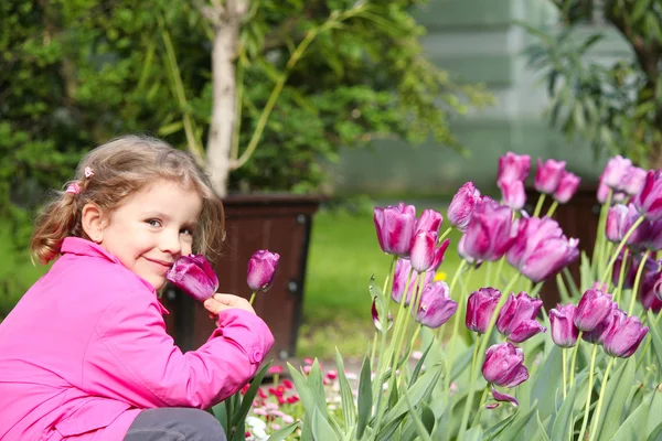 Kleines Mädchen riecht Tulpenblume — Stockfoto