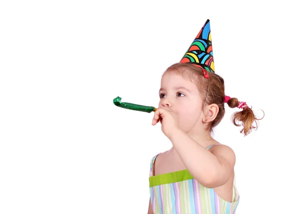 Kind met verjaardag hoed op wit — Stockfoto
