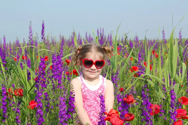 Klein meisje permanent in weide met kleurrijke bloemen — Stockfoto