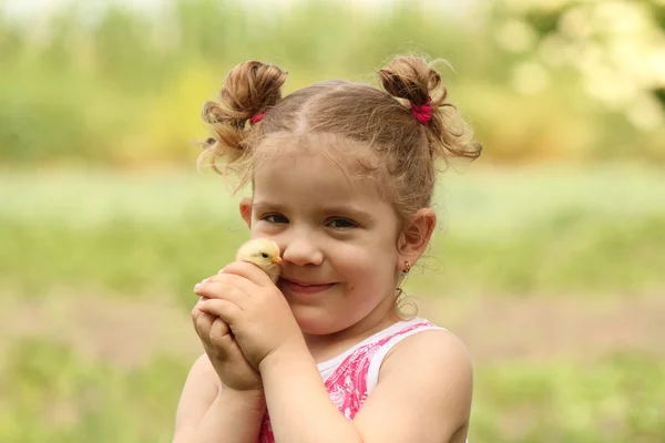 Молода дівчина тримає маленьку курку — стокове фото