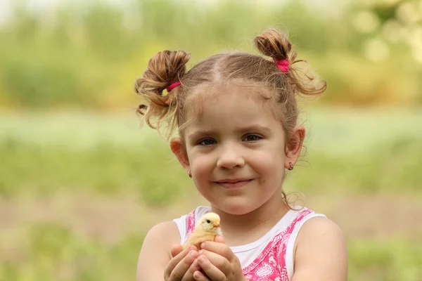 Joven chica sosteniendo amarillo poco pollo — Foto de Stock