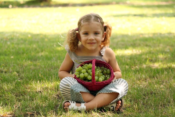 Маленька дівчинка тримає кошик з виноградом — стокове фото