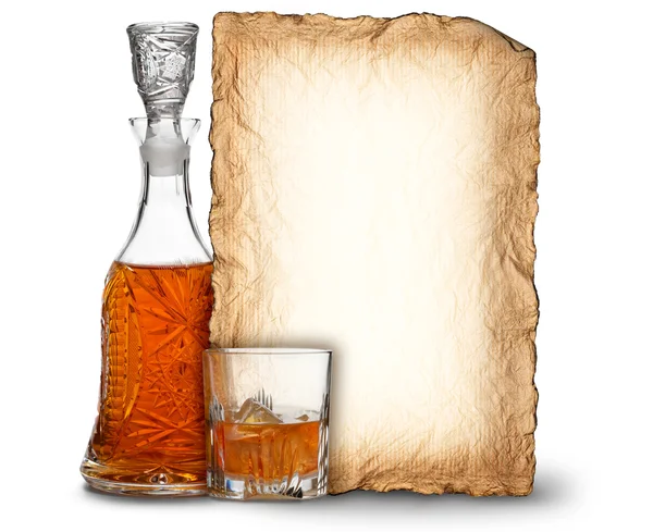 Whisky decanter, glass and blank card — Stock Photo, Image