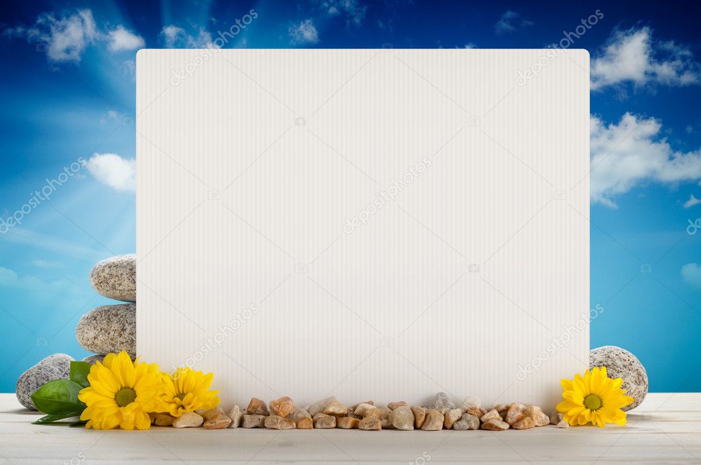 Background - blank card, flowers and stones