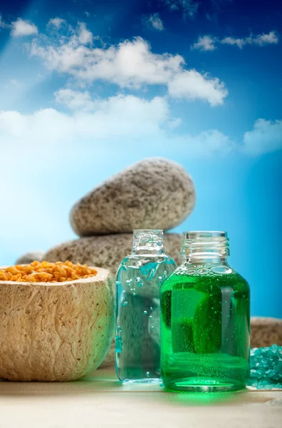 Essential oils, bath salt and stones — Stock Photo, Image