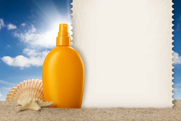 stock image Summer background - suntan oil, shell and blank card