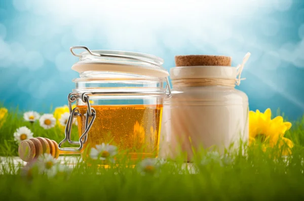 Comida saludable - frascos de miel y flores de primavera — Foto de Stock