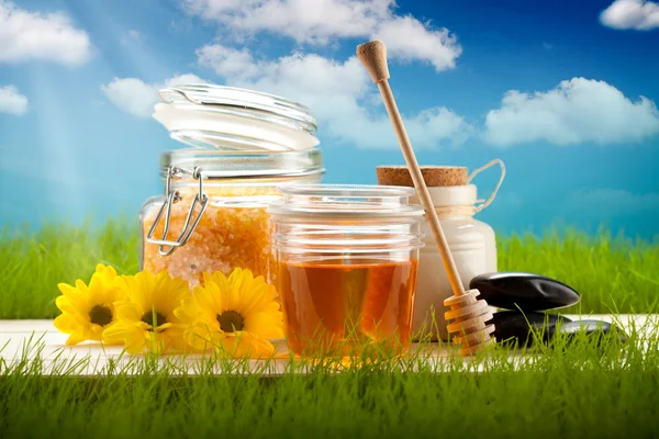 Naturlig aromaterapi - badesalt, honning og blomster – stockfoto