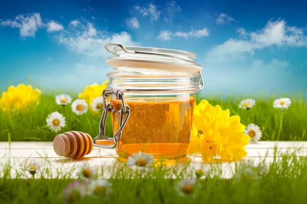 Jar of honey and spring flowers — Stock Photo, Image