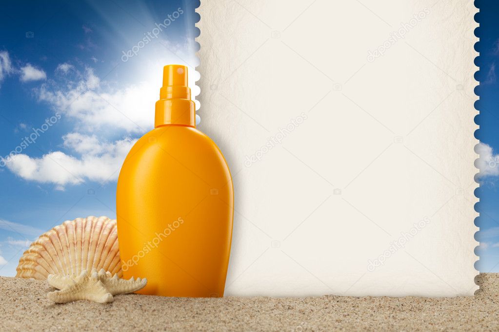 Summer background - suntan oil, shell and blank card