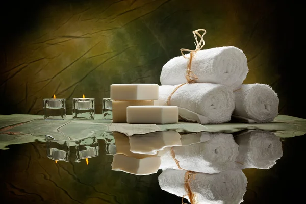 Spa supplies - soap and towels — Stock Photo, Image