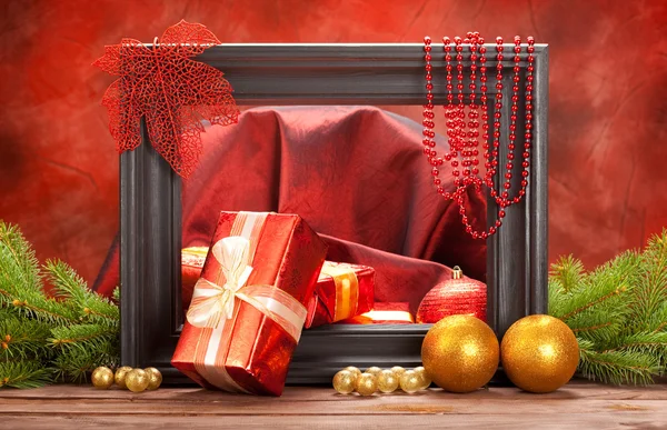 Christmas decoration - gifts, balls and spruce tree — Stock Photo, Image