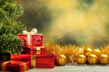 Christmas background - golden balls and gifts clipart