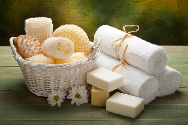 Spa - white towels, soap and massage accessory clipart