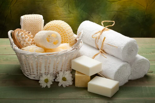 Spa - white towels, soap and massage accessory — Stock Photo, Image