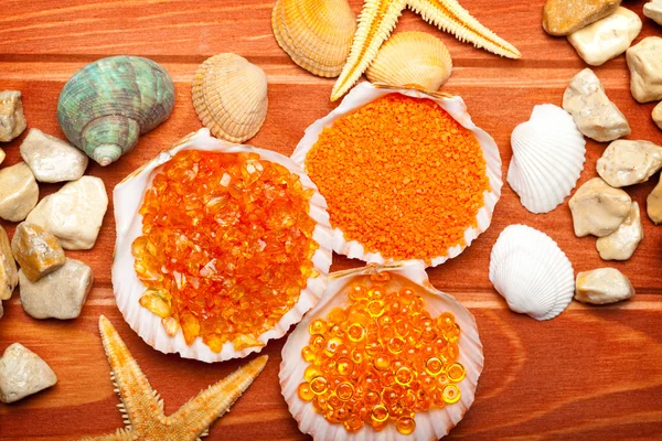 stock image Aromatherapy - bath salt, sea shell, starfish and stones