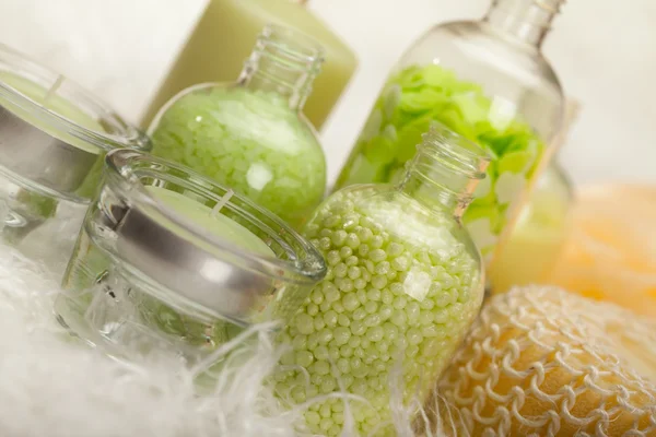 Aromatherapy - bath salt and massage sponge — Stock Photo, Image