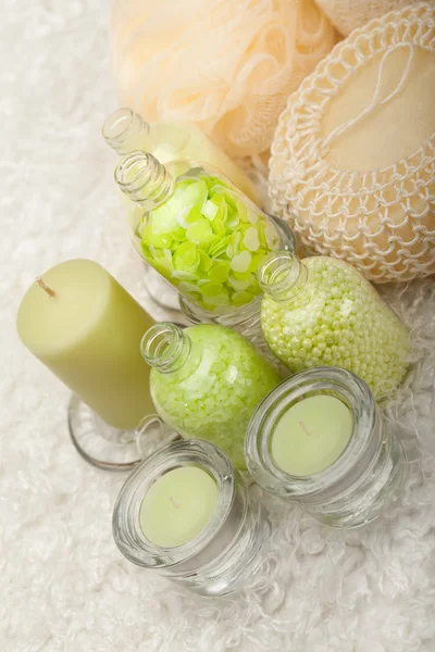 Bath salt and massage sponge — Stock Photo, Image