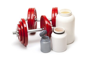 Body building - dumbbells and dietary supplements clipart