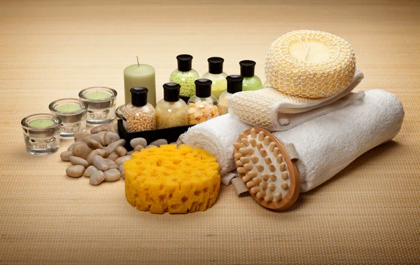 Spa essentials bath salt and massage tools — Stock Photo, Image