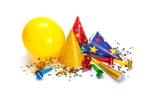 Party caps, confetti and streamers — Stock Photo, Image
