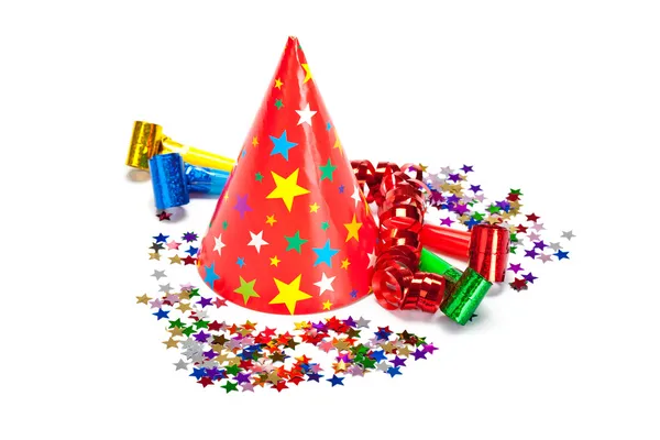 Party dekorace - čepice, konfety a stuhami — Stock fotografie