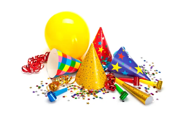 Party čepice, konfety a stuhami — Stock fotografie