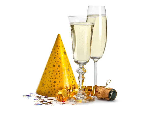 Happy new year - champagne and serpentine — Stock Photo, Image
