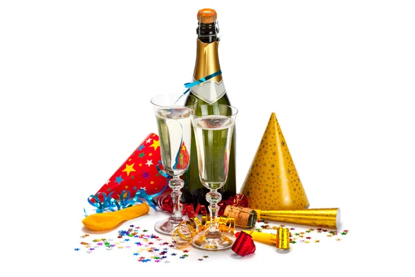 Party - champagne, caps, confetti and streamers — Stock Photo, Image