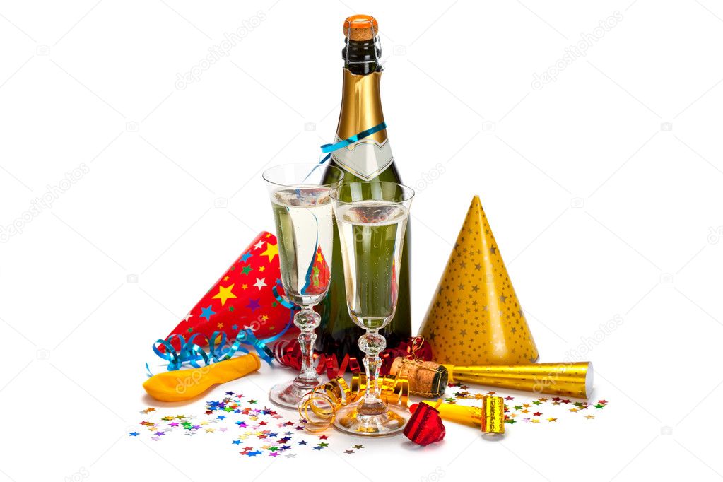 Party - champagne, caps, confetti and streamers