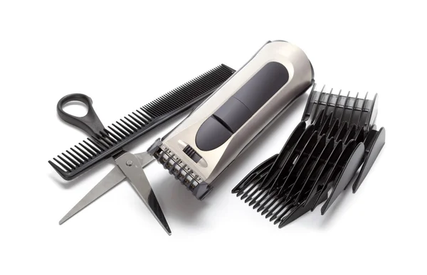 Clipper, comb and scissors on white background — Stock Photo, Image