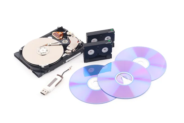 Data backup - hdd, cassette, flash memory drive and cd — Stock Photo, Image