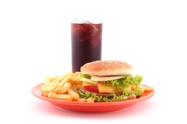 Snabbmat - hamburgare, chips och cola — Stockfoto