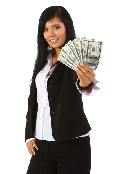 Νεαρή γυναίκα που κρατάει χρήματα — Φωτογραφία Αρχείου