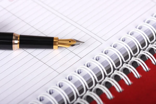 Spiral notebook och fontän penna — Stockfoto
