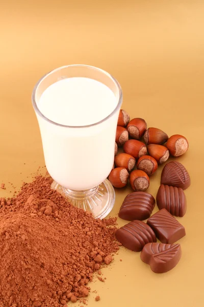 ミルク、ココア、チョコレート、ナット — ストック写真