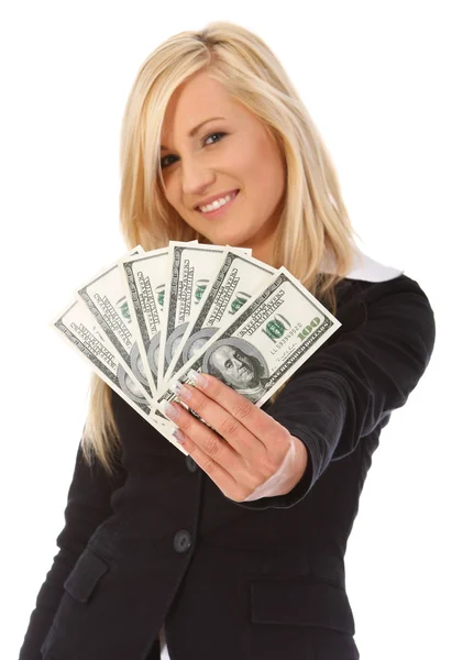 Молода жінка тримає гроші — стокове фото