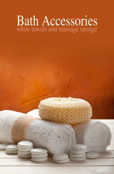 Bath accessories - towels and massage sponge — Stock Photo, Image