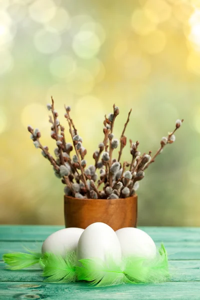 Drei weiße Eier und Kätzchen — Stockfoto