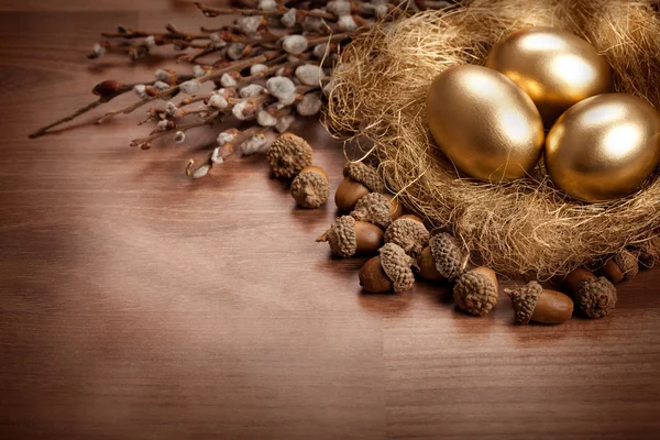 Pasen - gouden eieren en katje — Stockfoto