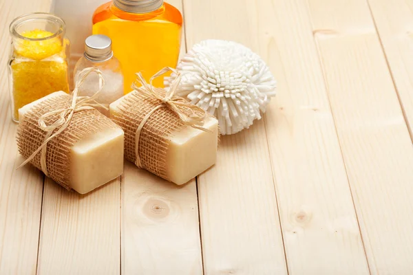 Bath accessories - soap, bath salt and essential oil — Stock Photo, Image
