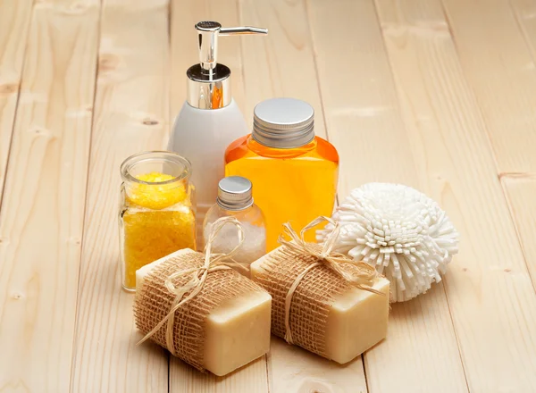 Soap, bath salt and essential spa oil — Stock Photo, Image