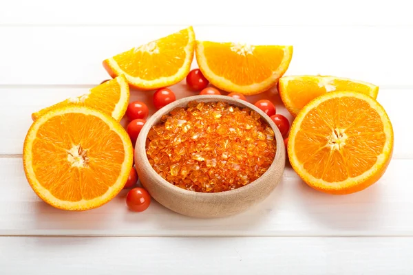 Orange bath salt - fruits and aromatherapy minerals — Stock Photo, Image