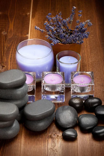 Hot stones and lavender minerals for aromatherapy — Stok fotoğraf