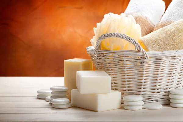 Hygiene - towels, sponge and soap bar — Stock Photo, Image