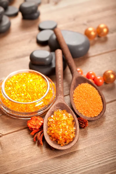 Spa supplies - orange bath salt — Stock Photo, Image