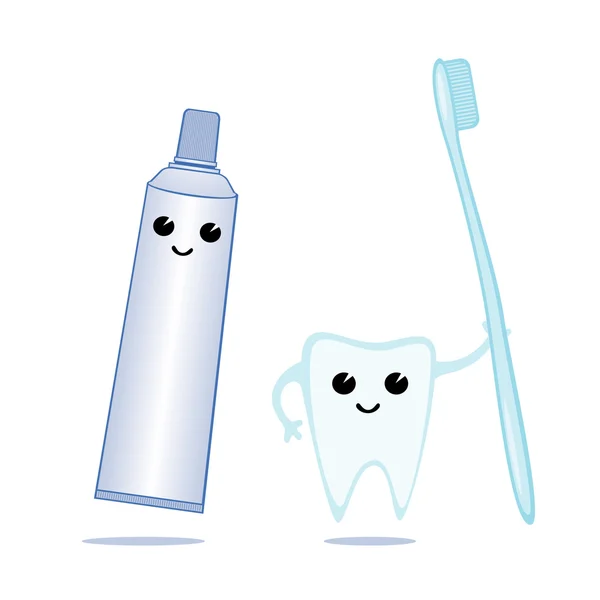 Зубная паста и зуб с щеткой — стоковый вектор