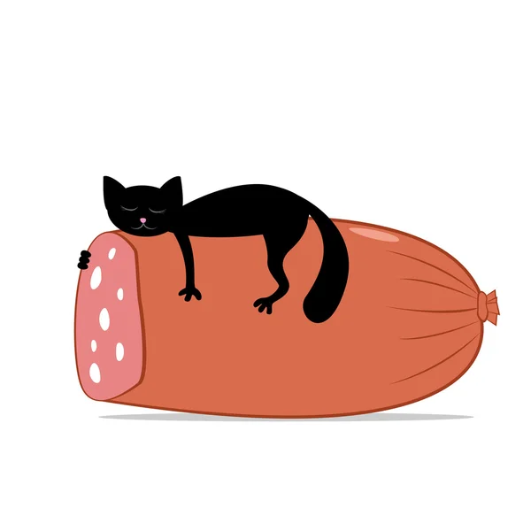 Black cat and huge sausage — Stock Vector